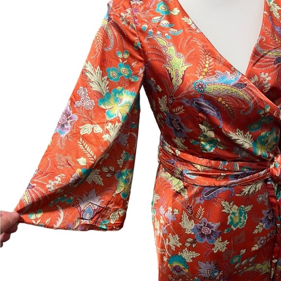 Y Apparel Kimono Style Floral Knee Length Dress Deep Pink Coral Flare Sleeve M - Picture 6 of 12